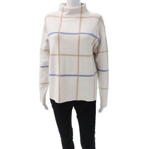 Tahari Womens Plaid Mock Neck Pullover Sweater Beige Long Sleeve Size M